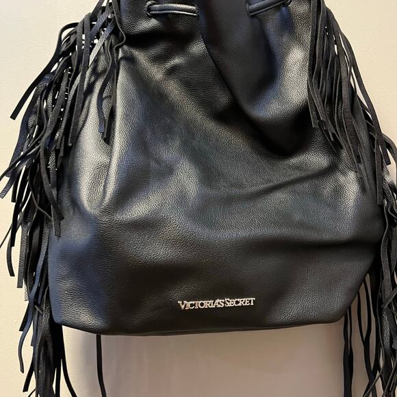 Victoria’s Secret Black Faux Leather Fringe Backpack Boho Shoulder Bag - Picture 2 of 3